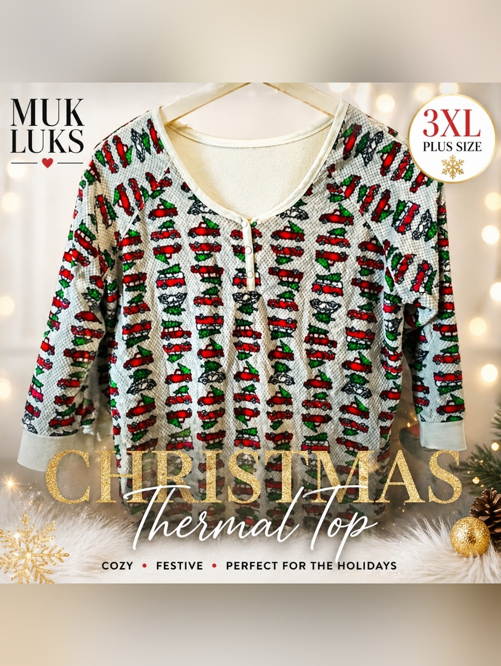 Muk Luks Thermal Top 3XL‎ Cozy Holiday Print Waffle Knit Lounge Top